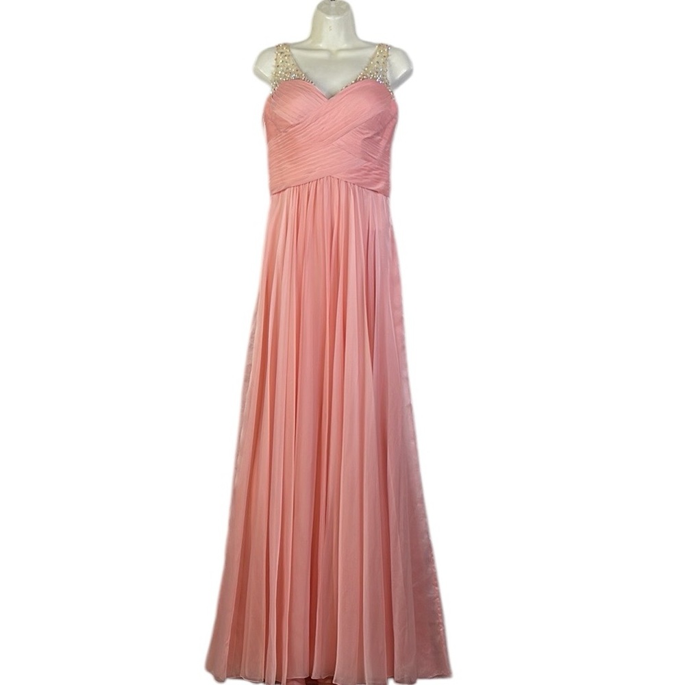 La Femme sleeveless GiGi Beaded Light Coral Prom Promo Party Wedding Gown Dress